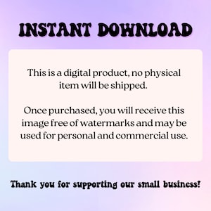 Puede incluir: Anuncio de un producto digital con las palabras "INSTANT DOWNLOAD" en negrita y negro. El texto indica que no se enviar&aacute; ning&uacute;n art&iacute;culo f&iacute;sico y que la imagen es para uso personal y comercial. El fondo es un degradado de morado y rosa.