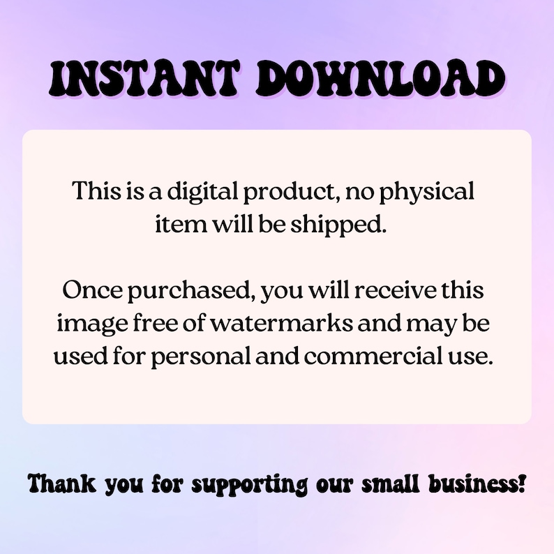 Puede incluir: Anuncio de un producto digital con las palabras "INSTANT DOWNLOAD" en negrita y negro. El texto indica que no se enviar&aacute; ning&uacute;n art&iacute;culo f&iacute;sico y que la imagen es para uso personal y comercial. El fondo es un degradado de morado y rosa.