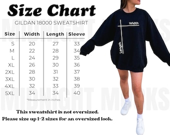 Gildan 18000 Size Chart, Gildan Sweatshirt Size Chart, Unisex Sizing Chart, Oversized Crewneck Size Chart, Sweater Measurements Model Mockup