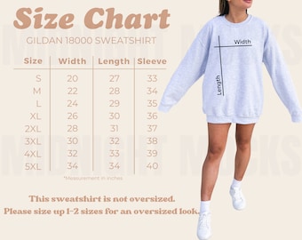 Gildan 18000 Size Chart, Gildan Sweatshirt Size Chart, Unisex Sizing Chart, Oversized Crewneck Size Chart, Sweater Measurements Model Mockup