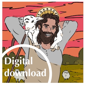 Smiling Jesus - The Good Shepherd - Digital Download - Religious Artwork - Print at home - Instant download -Greetings card -Christian image