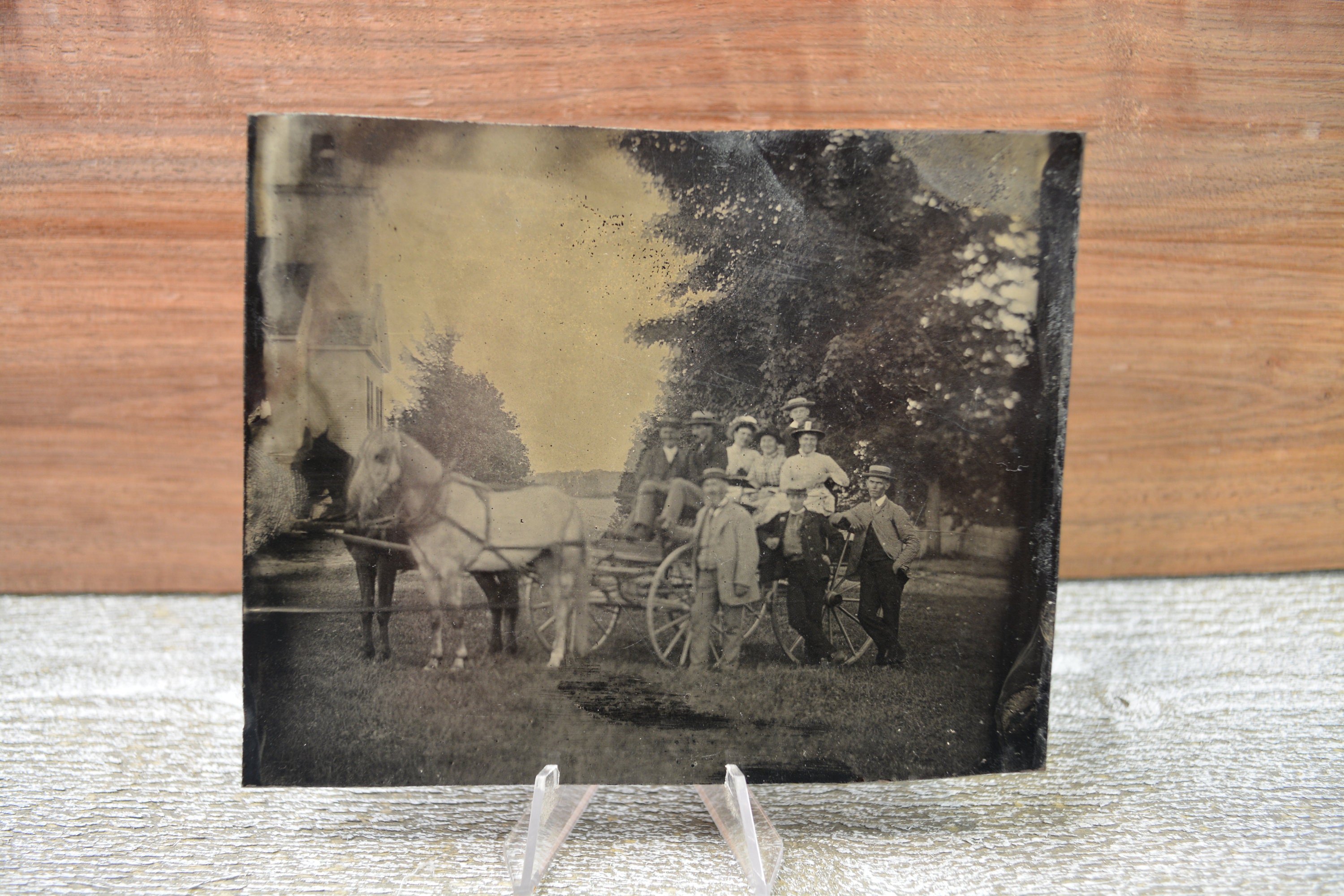 Antique Building Tintype, Vintage Tintype, Tintype Photograph, Late 1800s Early 1900s, Building, Horses, People, Buggy, 4 7/8'' x 4''