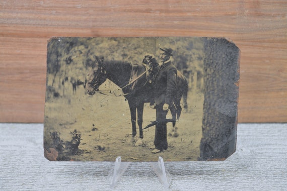 Antique Horse Tintype, Vintage Tintype, Man and Horse, Tintype Photograph, Late 1800s Early 1900s, 5 1/8'' x 3 5/16''