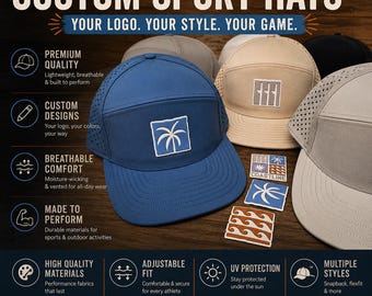 May include: A collection of custom sport hats in blue, beige, and grey, featuring perforated side panels and square patches with palm tree or wave designs. The image includes text such as CUSTOM SPORT HATS, YOUR LOGO. YOUR STYLE. YOUR GAME., and lists features like premium quality, custom designs, breathable comfort, and adjustable fit.