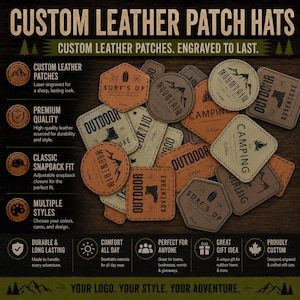 May include: A collection of various custom leather patches featuring laser-engraved designs including mountains, camping themes, and outdoor adventure text. The patches are circular, square, and hexagonal in tan, brown, and cream leather tones.