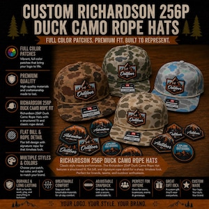 May include: Three Richardson 256P duck camo rope hats with flat bills and decorative rope trim. Each hat features a mountain-themed patch with the text Outdoor. Several additional circular and shield-shaped patches with mountain graphics are displayed.