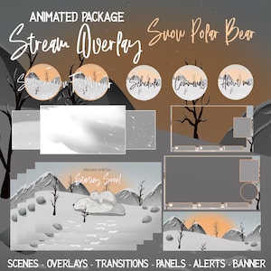 May include: Animated stream overlay package with a snowy winter theme featuring a polar bear and a cub. The overlay includes scenes, alerts, panels, and transitions. The text "Stream Overlay Snow Polar Bear" is at the top of the image.