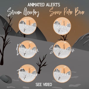 Op de afbeelding: Geanimeerde stream overlay-meldingen met een winterthema. De meldingen omvatten: Host, Raid, Donatie, Abonnement, Volger en Cheer. De achtergrond is een besneeuwd landschap met bergen en bomen.