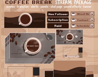 Retro Coffee Break Twitch Stream Package: Animated Overlay, Alerts, Panels