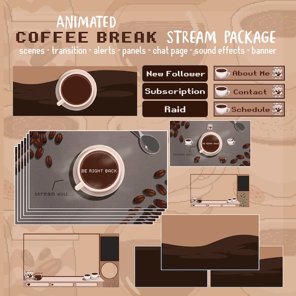 Retro Coffe Break Shop Stream Pack voor Twitch, Twitch Overlay Compleet streamingpakket, geanimeerde schermen, overlayset, waarschuwingen, panelen