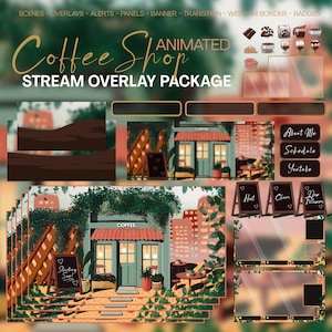 Cozy Coffe Shop Stream Overlay Paket, Twitch Overlay Komplettes Tracking Paket, Animierte Bildschirme, Overlay Set, Benachrichtigungen, Panels
