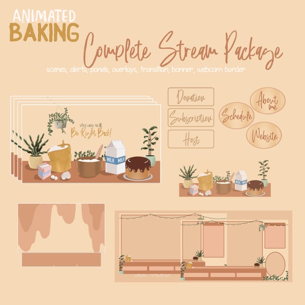 Cute Baking Stream Pack For Twitch, Twitch Overlay, Complete Streaming Package, Animated Screens, Overlay Set, Alerts,  Panels