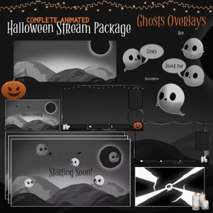 Halloween Ghosts Stream Overlay Package, Twitch Overlay, Ghosts Complete Streaming Package, Animated Screens, Overlay Set,  Dark Theme
