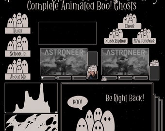 Boe! Stream-overlay-pakket, Twitch-overlay, Ghosts compleet streamingpakket, geanimeerde schermen, overlay-set, waarschuwingen, panelen, donker thema