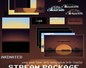 Twitch 用 Retro City Train ストリーム パック、Twitch オーバーレイ、完全なストリーミング パッケージ、アニメーション スクリーン、オーバーレイ セット、アラート、パネル