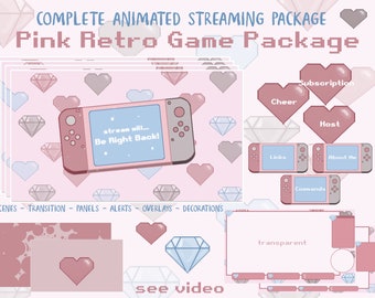 Paquete de transmisión de juegos retro rosa para Twitch, superposición de Twitch, paquete de transmisión completo, pantallas animadas, conjunto de superposición, alertas, paneles