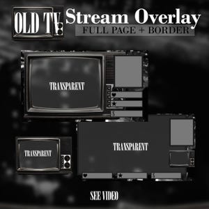 Puede incluir: Diseño de superposición de transmisión en blanco y negro con gráficos de televisión vintage. El diseño incluye el texto "OLD TV" y "Stream Overlay FULL PAGE + BORDER" con secciones transparentes para contenido de transmisión. También incluye un texto "SEE VIDEO".
