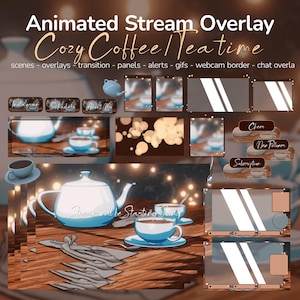 Gemütlicher Kaffee-Tee-Zeit Strom-Overlay-Paket für Twitch, Twitch-Overlay Komplettes Tracking-Paket, animierte Bildschirme, Overlay-Set, Benachrichtigungen