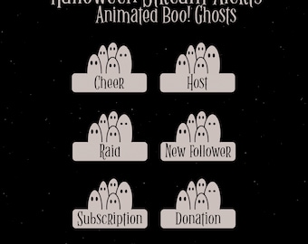 Op de afbeelding: Halloween-streammeldingen met geanimeerde spookafbeeldingen voor aanmoediging, host, raid, nieuwe volger, abonnement en donatie. De tekst "Video bekijken" staat onderaan de afbeelding.