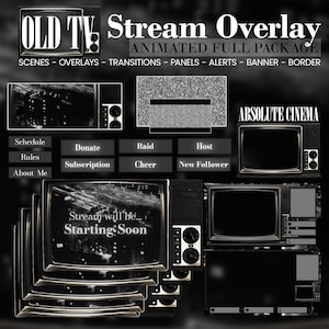 May include: A black and white graphic featuring an "OLD TV Stream Overlay" design. The image includes various animated elements for streaming, such as scenes, overlays, transitions, panels, alerts, a banner, and a border. Text includes "Stream will be... Starting Soon."