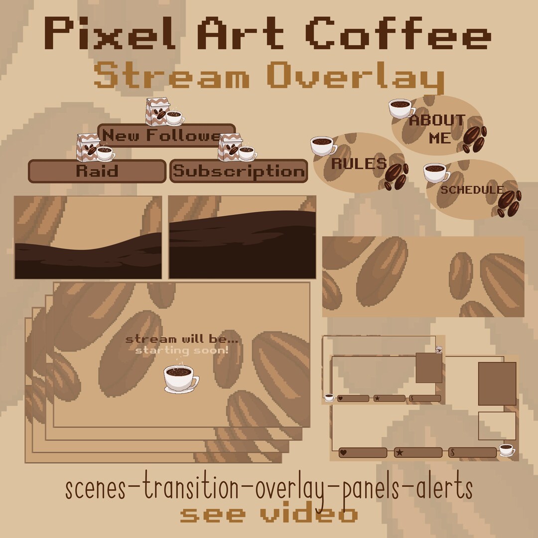 Retro Pixel Art Coffee Stream Overlay Package, Twitch Overlay Complete ...