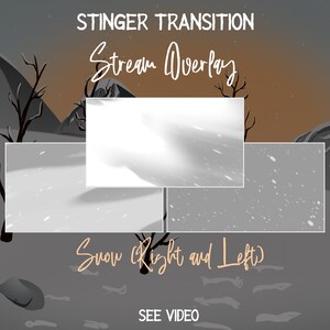 Op de afbeelding: Een digitale illustratie van een besneeuwd landschap met een wit rechthoekje waarop "Stinger Transition Stream Overlay" staat en een kleiner rechthoekje waarop "Snow (Right and Left)" staat. De tekst "See Video" staat onderaan de afbeelding.