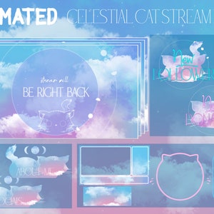 Pink Celestial Cat Stream Pack For Twitch, Twitch Overlay, Complete Streaming Package, Animated Screens, Overlay Set, Alerts, Panels