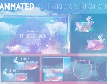 Pink Celestial Cat Stream Pack For Twitch, Twitch Overlay, Complete Streaming Package, Animated Screens, Overlay Set, Alerts, Panels