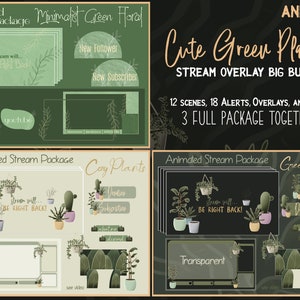 ¡Paquete grande con tema de plantas lindas! 3 Paquetes Completos Juntos. Paquete completo de transmisión, pantallas animadas, conjunto de superposiciones, alertas, paneles, verde