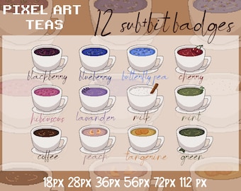 12 TEAS Flavors Twitch Sub Badges / Pixel Art/ Cheer Bit Badges / Emote / Loyalty Badges / Streamer / Stream / Subscriber