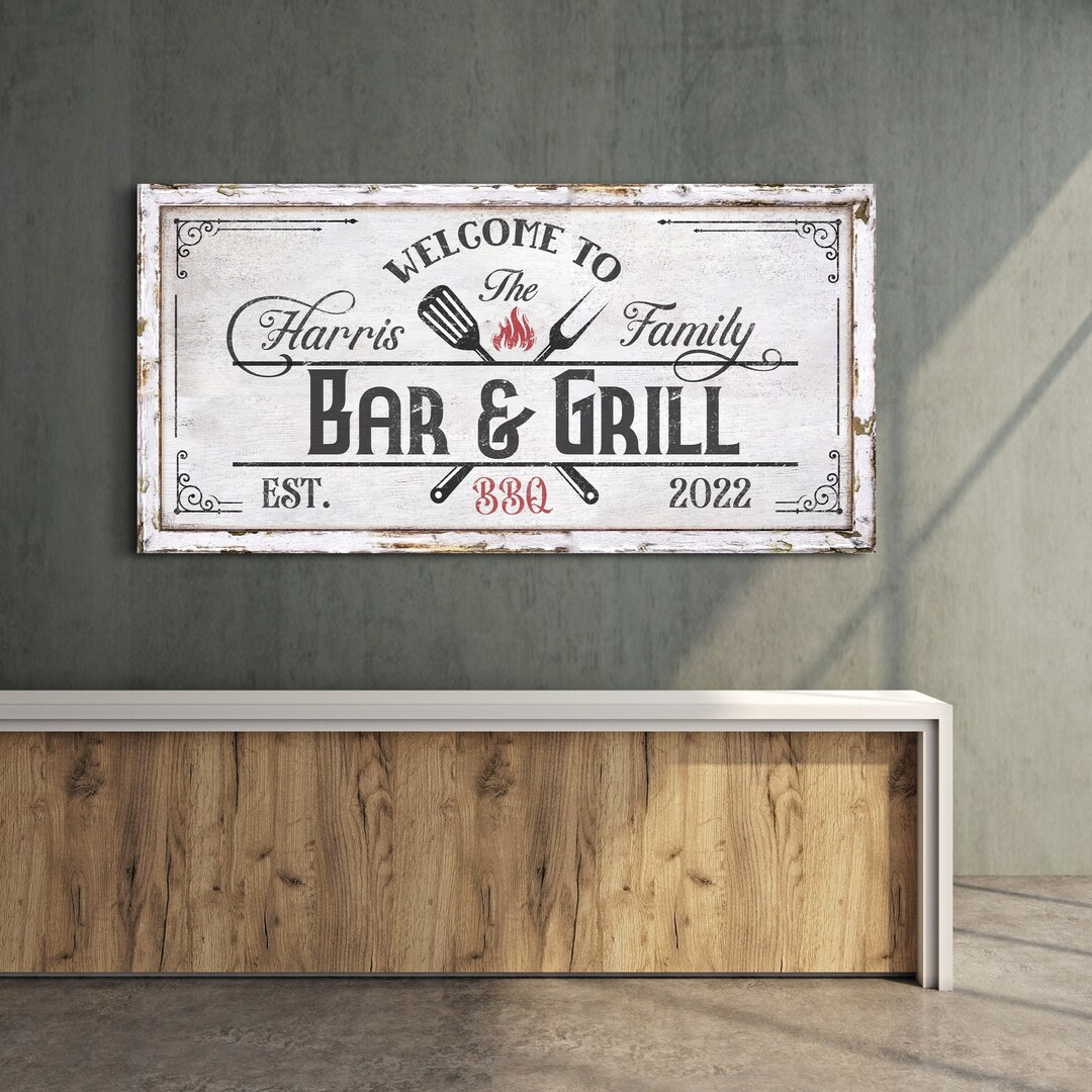 Custom Bar and Grill Sign With Family Name Backyard Bar Wall Decor Home