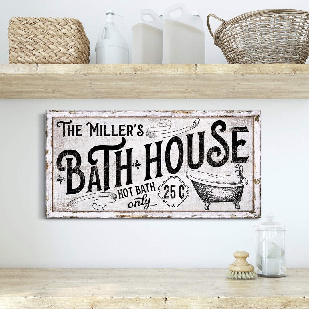Personalized Bath House Sign, Vintage Family Name Bathroom Sign, Wash