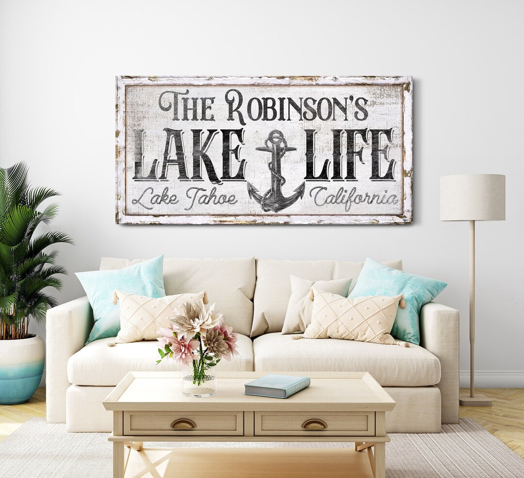 Custom Lake Life Sign, Lake House Cabin Decor, Vintage Anchor Wall Art ...