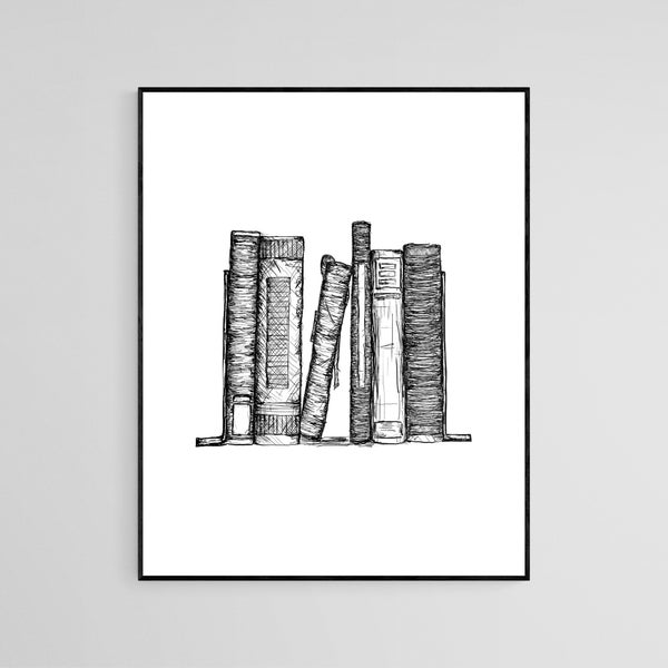 Book Set Sketch, Pen and Ink, Drawing, Print, Wall Art, Black and White, Poster