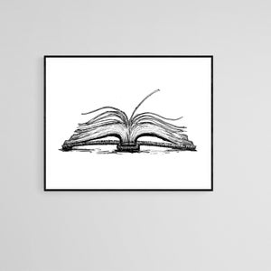 Open Book - Pen and Ink Sketch, Reading, Library, Books, Black and White, Poster Print