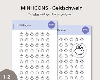 May include: Two sheets of stickers with a piggy bank icon. The stickers are designed for use in analog planners. The text on the sticker sheet reads "MONEY pig" and "BLANK to plan".