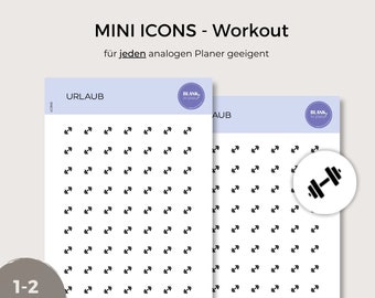 May include: Two sheets of white planner stickers with black dumbbell icons. The stickers are labeled "MINI ICONS - Workout" and "URLAUB". The text "BLANKTOPLAN" is at the bottom. The stickers are designed to be used in a planner.