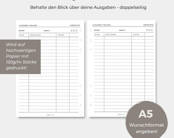 May include: A5 expense tracker with a double-sided design. The tracker includes sections for date, description, and cost. The text "A5 Ausgaben Tracker" is at the top. The paper is printed on high-quality 120g/m² paper. The text "BLANKTOPLAN" is at the bottom.