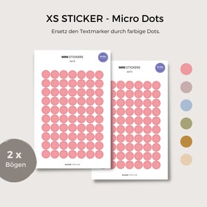 Könnte beinhalten: Zwei Blätter mit rosa Punkt-Stickern mit dem Text "MINI STICKERS DOTS" und "BLANKTOPLAN". Die Blätter sind so konzipiert, dass sie Textmarker durch farbige Punkte ersetzen.