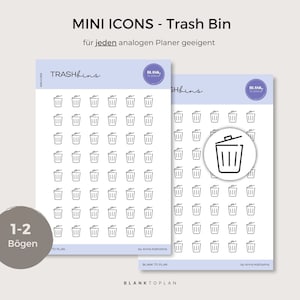 Könnte beinhalten: Zwei Blätter Planer-Sticker mit einem Mülleimer-Symbol. Die Sticker sind schwarz-weiß und für die Verwendung in einem Planer gedacht. Der Text auf dem Blatt lautet "TRASHbins" und "BLANK to PLAN".