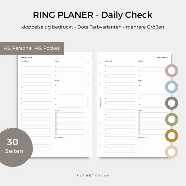 Ring Planner Filofax Einlagen Daily Check Tagesplan To Do Meals Schedule | A5 | Personal | A6 | Pocket 15 Blatt 30 Seiten Planen Kalender