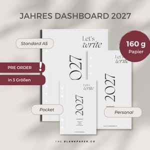 Könnte beinhalten: Drei weiße Planer-Dashboard-Einlagen mit der Aufschrift 2027 und Let's write, inklusive Stanzlöchern zur Bindung. Das Set enthält die Größen Standard A5, Personal und Pocket auf 160 g Papier. Der Text umfasst JAHRES DASHBOARD 2027.