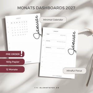 Könnte beinhalten: Zwei weiße Planerseiten mit der Überschrift MONATS DASHBOARDS 2027 und dem Wort Januar in Schreibschrift. Eine Seite zeigt einen Kalender für 2027, die andere Abschnitte für Mind, Me Time und Work/Life. Punktgitterpapier mit Lochung.