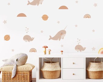 Cute Neutral Aesthetic Nursery Wall Sticker Decal Whale Narwhals In Space Planet Dream Kids Bedroom Peel and Stick Easy Apply