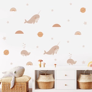 Cute Neutral Aesthetic Nursery Wall Sticker Decal Whale Narwhals In Space Planet Dream Kids Bedroom Peel and Stick Easy Apply