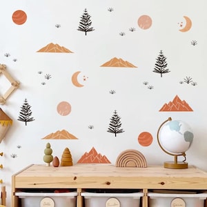 Mountain Trees Moon Wall Sticker Decal Nursery Kids Room Nordic Neutral Aesthetic Peel and Stick