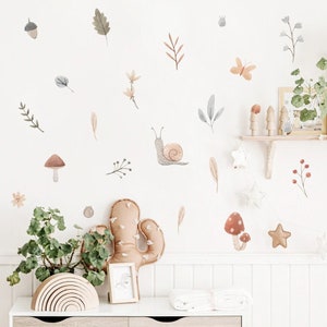Woodland Watercolor Neutral Nursery Wall Decal Snail Mushroom Leaves Peel and Stick Vinyl Wall Stickers Kids Room Interior Home Decor