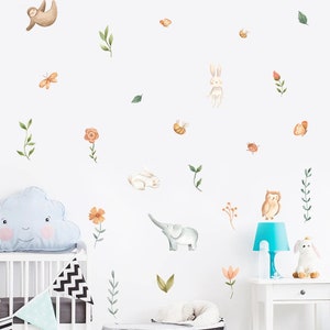 Neutral Aesthetic Watercolor Woodland Motif Sloth Elephant Animal Nursery Wall Sticker Gender Neutral Kids Bedroom Peel and Stick