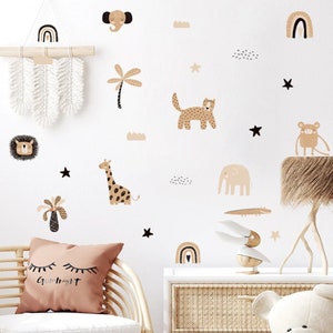 Animal Jungle Nursery Wall Stickers Decals Kids Bedroom Giraffe Elephant Cheetah Tree Neutral Aesthetic Peel and Stick