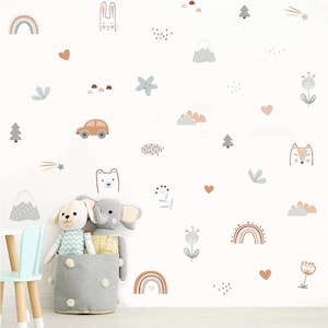 Gender Neutral Nursery Wall Decal Bear Car Stars Mountain Peel and Stick Vinyl Wall Stickers Kids Room Interior Home Decor